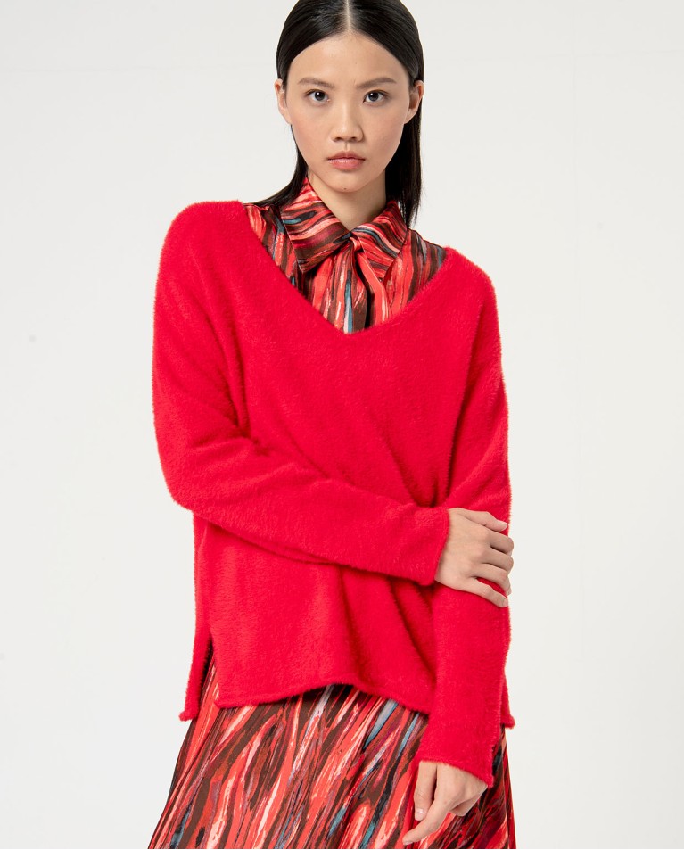 Plain brushed effect sweater Red