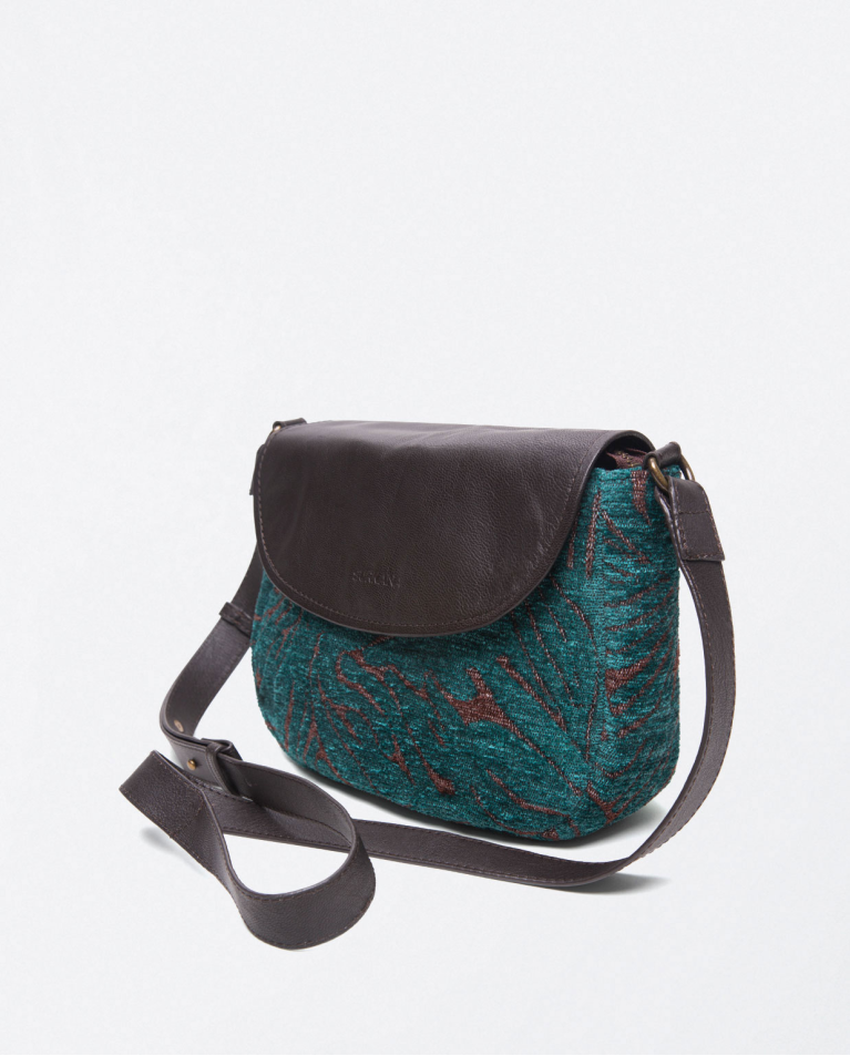 Printed jacquard shoulder bag with leather flap Petrol blue