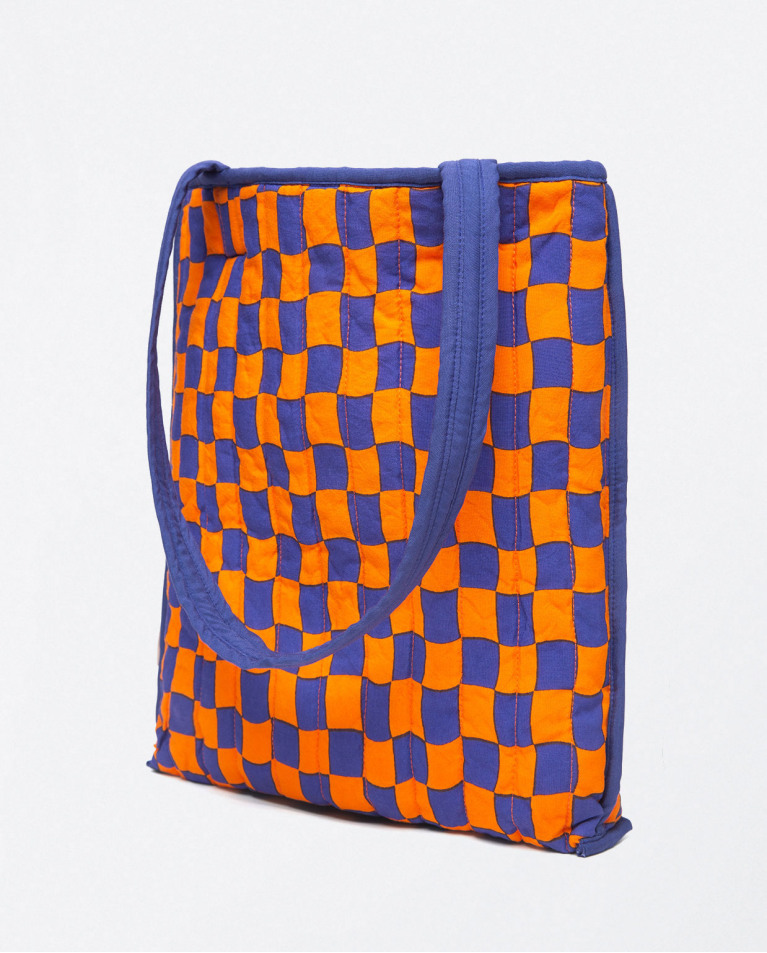 Checked quilted shoulder shopper bag Blue