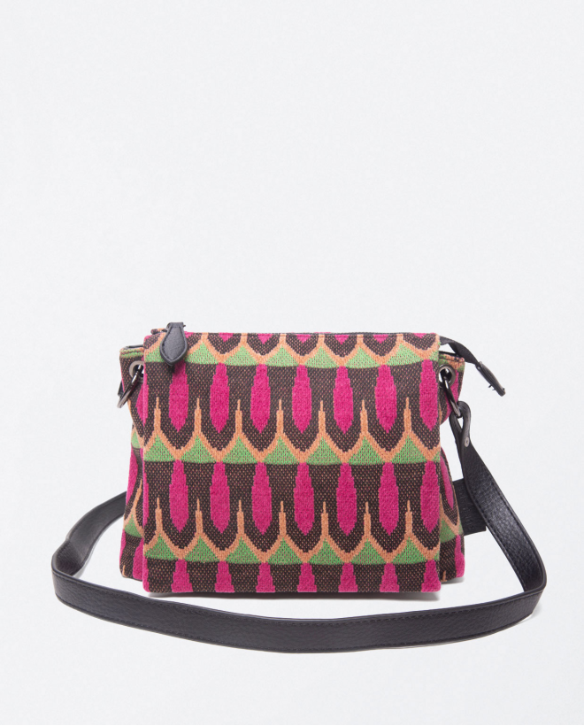 Patterned jacquard shoulder bag with large flap Black