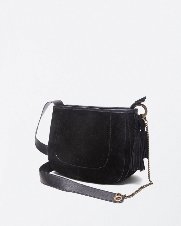 Leather shoulder bag with smooth tassel and handle Black