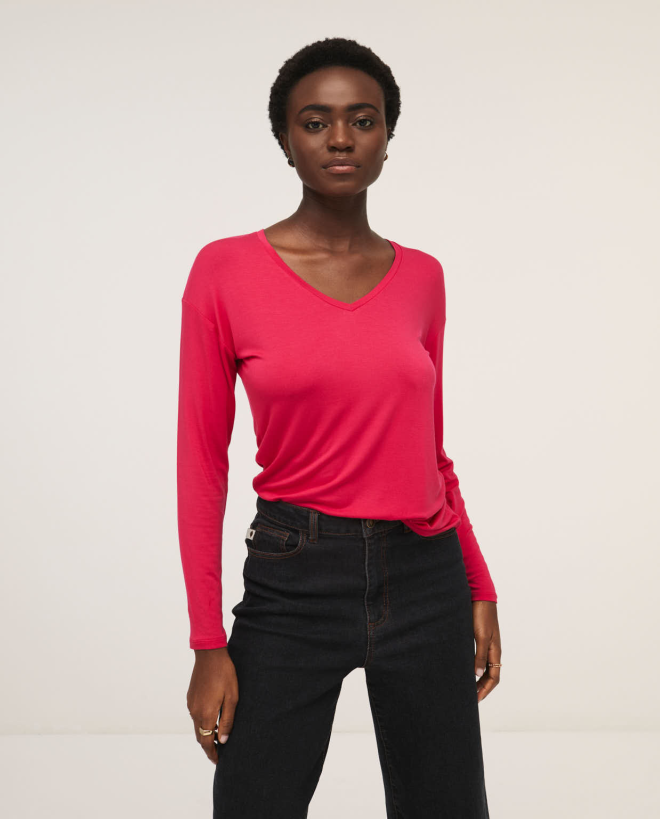 T-shirt with long sleeves v-neck Fuchsia