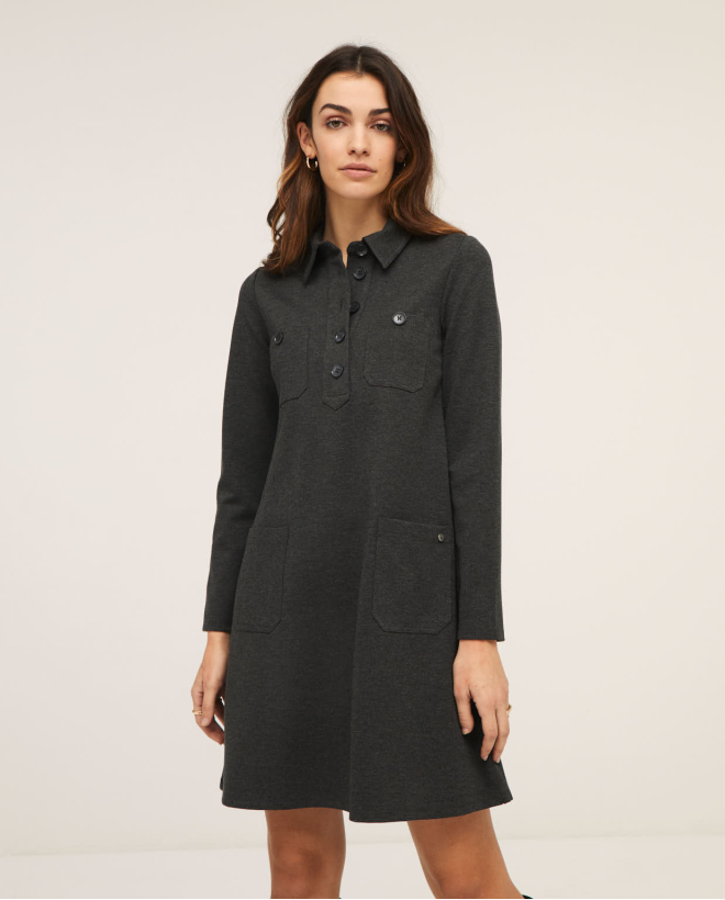 Dress with shirt collar and patch pockets Dark grey