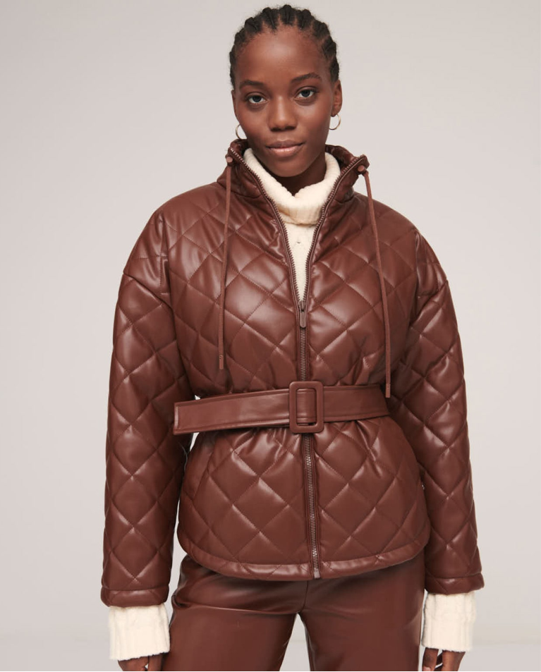 Quilted short jacket with belt Brown