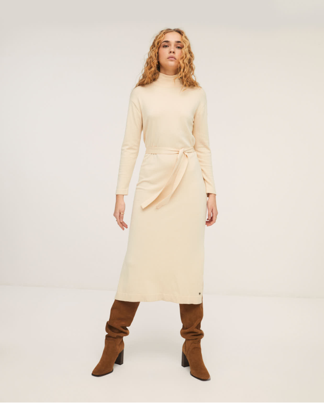 Tricot dress with high neck and belt Ecru