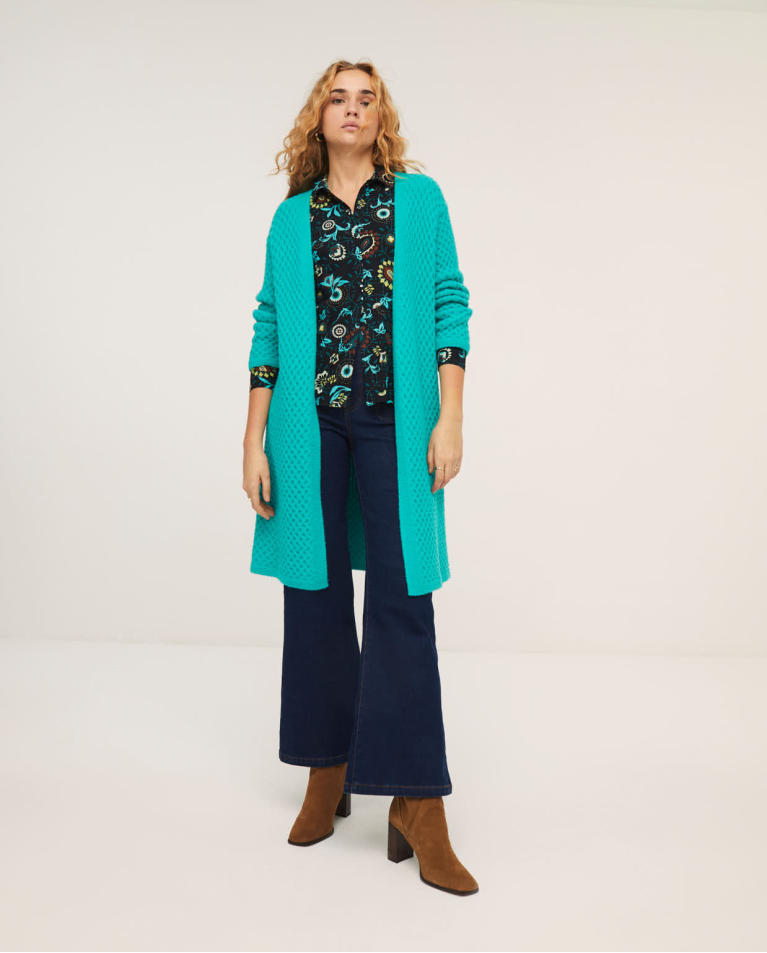 Braid knitted coat with v-neck Turquoise