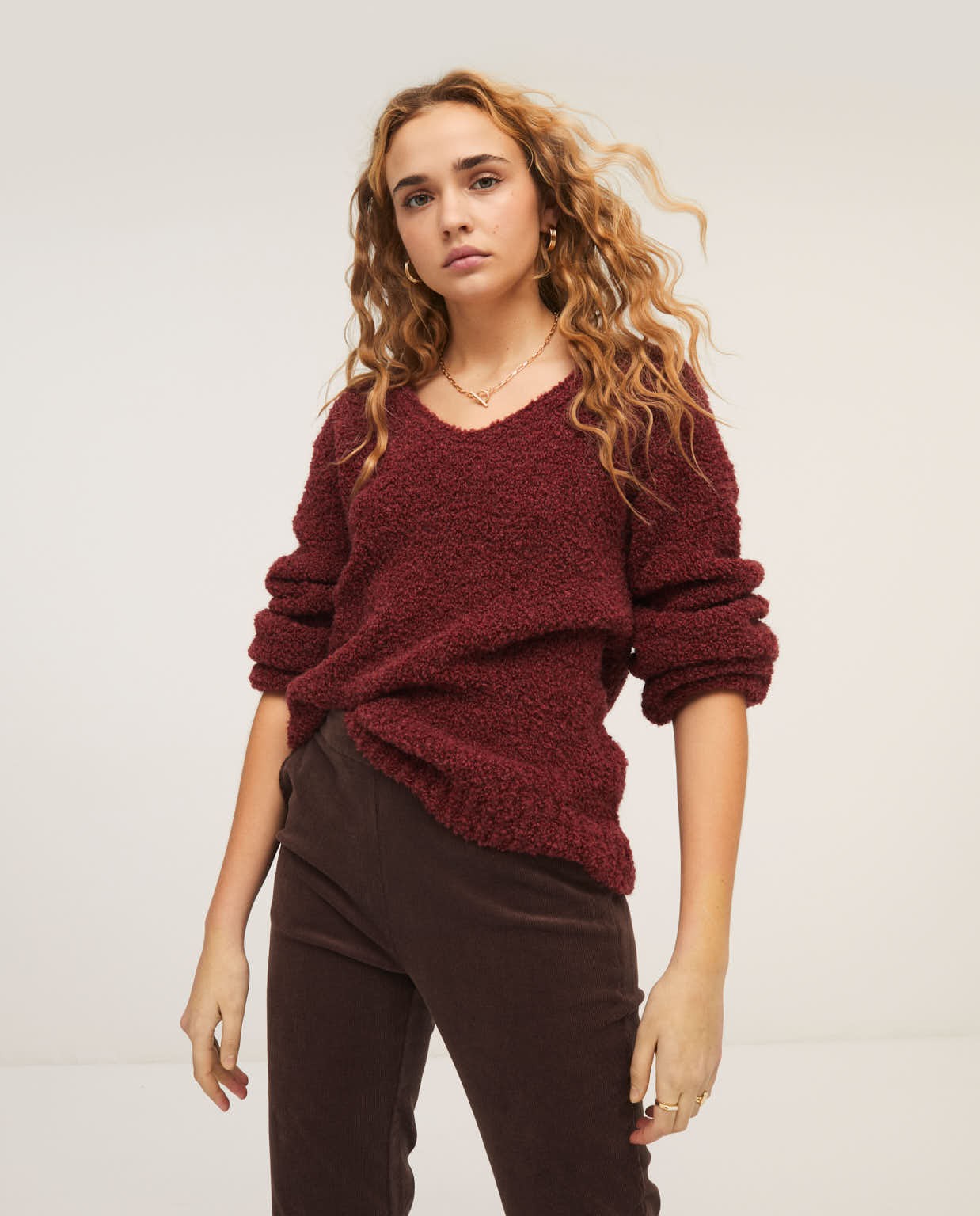 Tricot sweater v-neck and puffy sleeves Bourdeaux