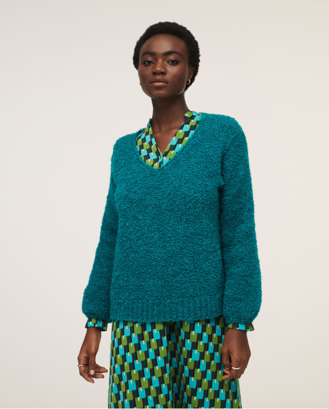 Tricot sweater v-neck and puffy sleeves Turquoise