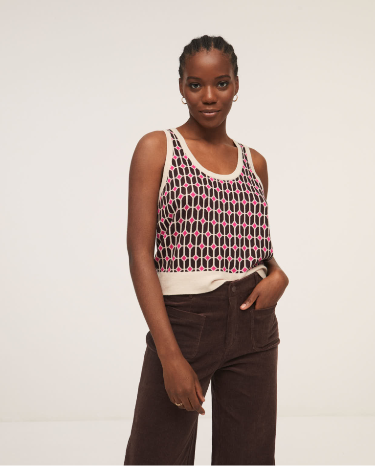 Tricot vest in jacquard with round neck Fuchsia