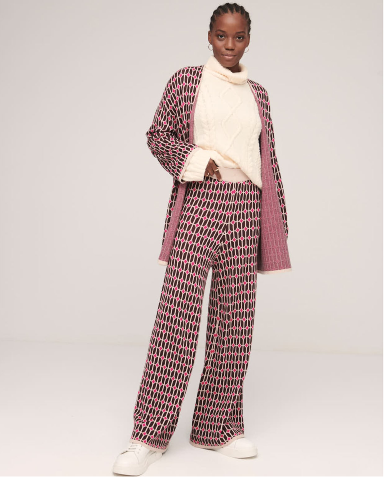 Long tricot trousers in jacquard wide leg Fuchsia