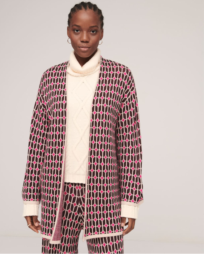 Tricot cardigan in jacquard kimono style Fuchsia