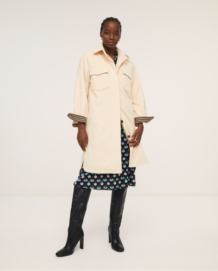 Overshirt styled coat with quilted linen Ecru