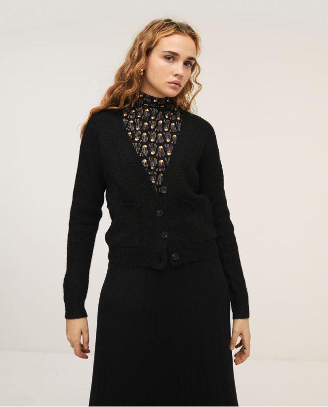 Pearly tricot cardigan V-neck and pockets Black