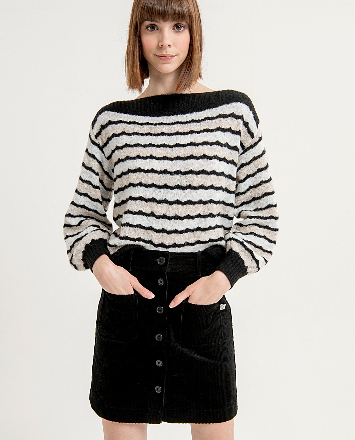 Plain corduroy mini skirt with buttons Black