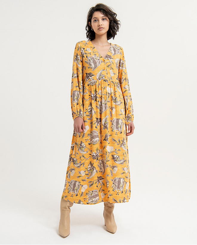 Printed V-neck long dress Brown