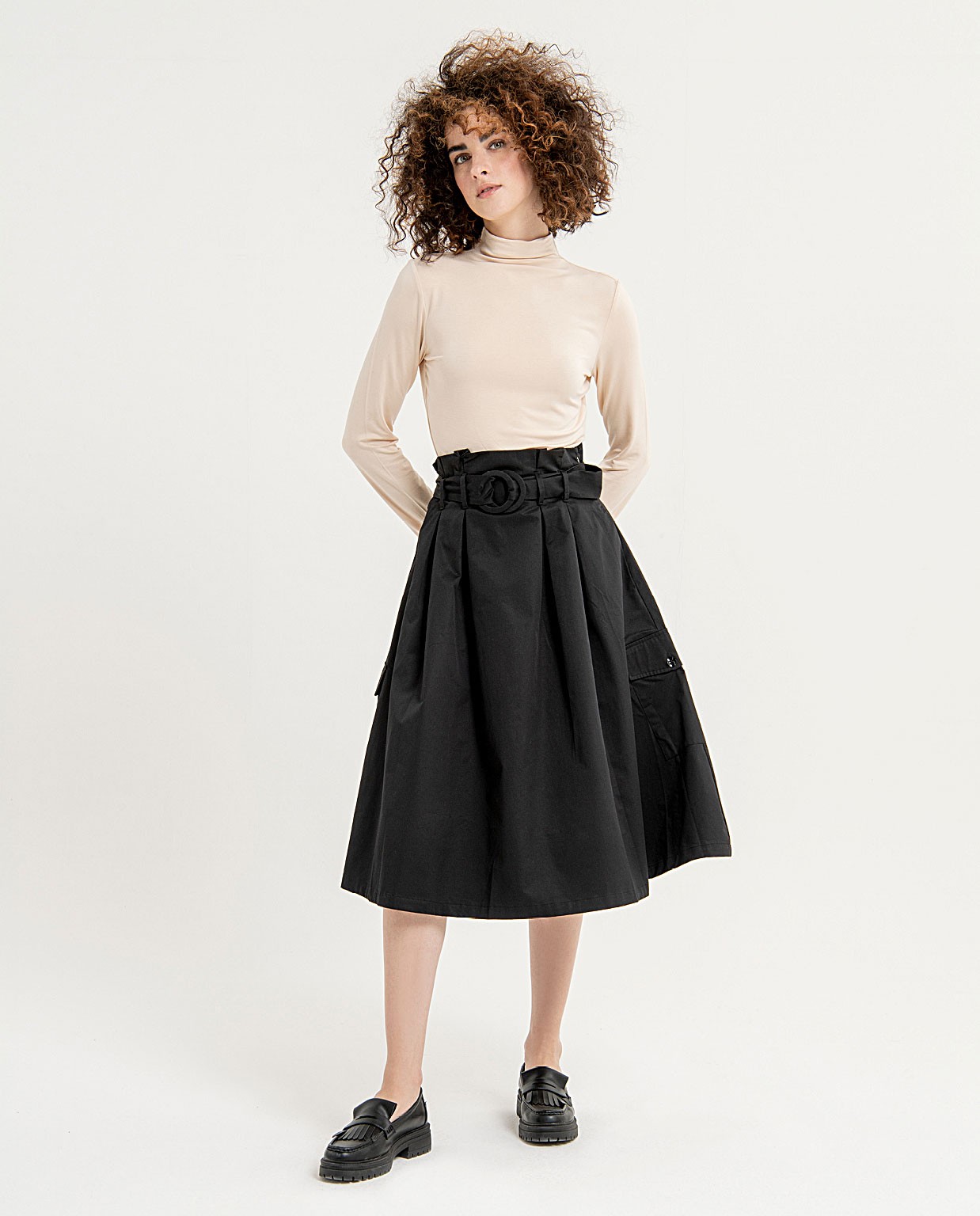 Smooth midi skirt with belt and flounce Black