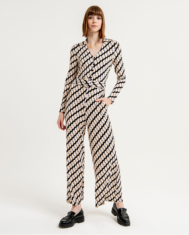 Printed V-neck jumpsuit with lapels Black