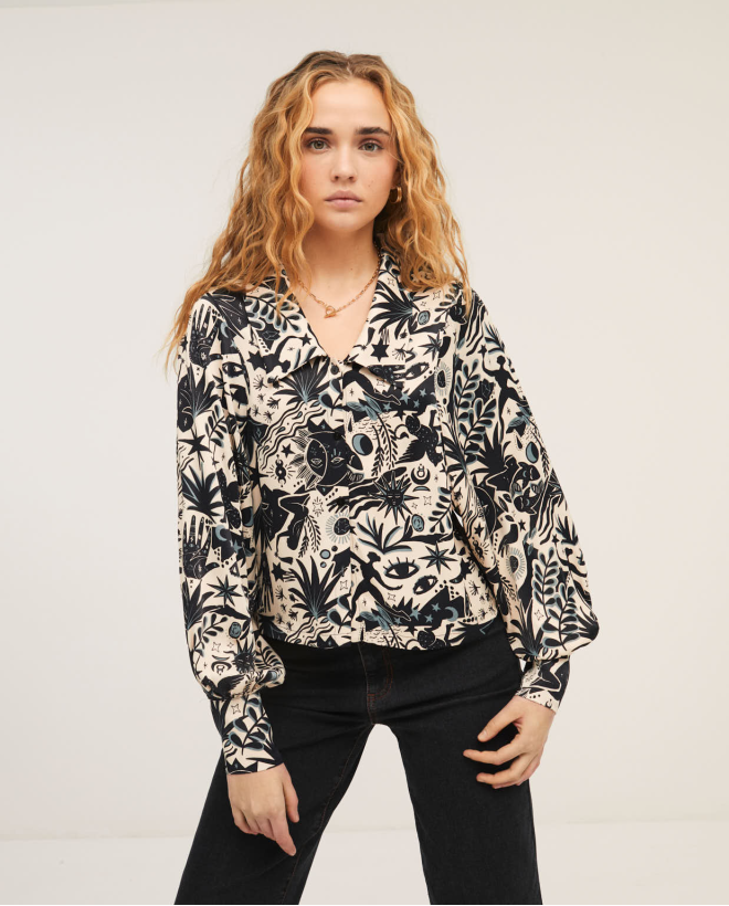 Blouse with large neck and puffy sleeves Black