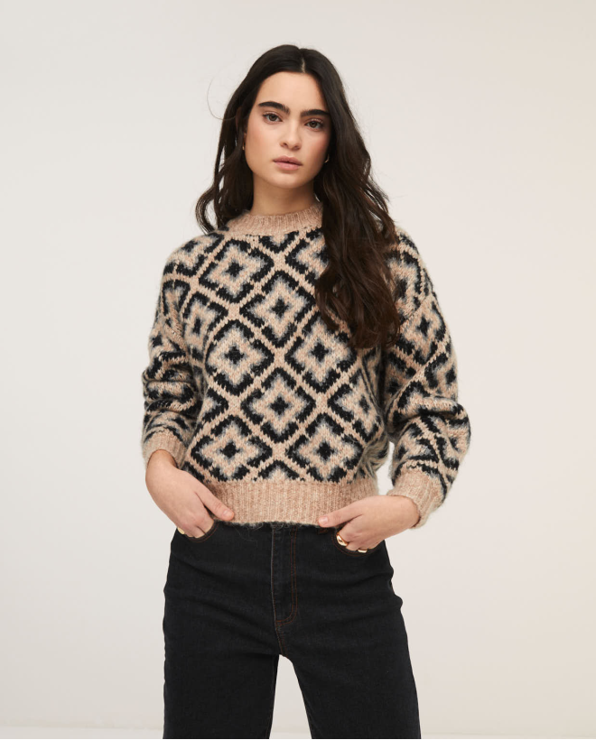 knitted jacquard crew neck jumper Stone