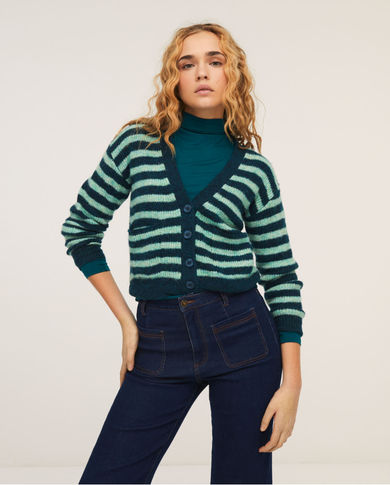 Striped knitted cardigan with V-neckline Green