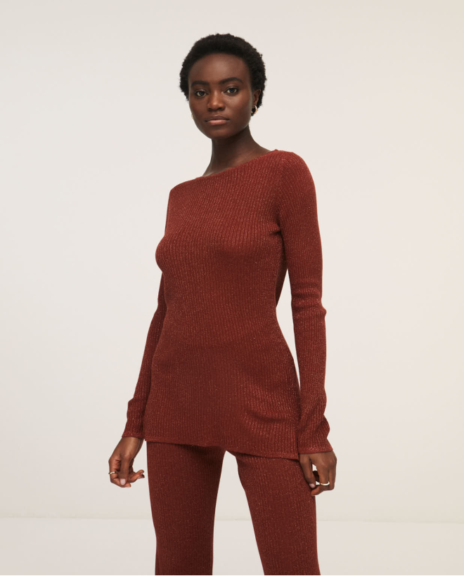 Long ribbed knitted jumper with boat neckline Orange