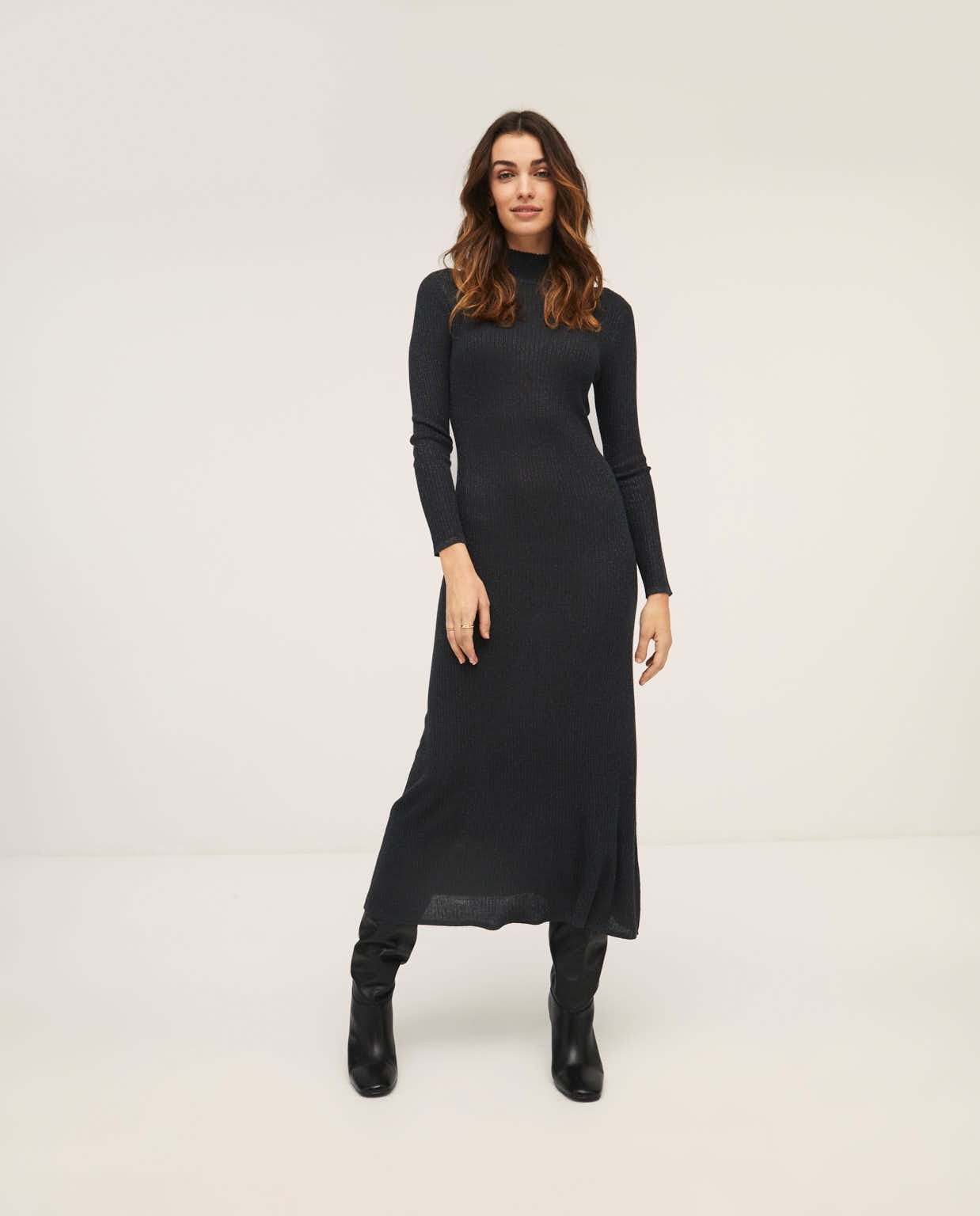 Long ribbed knitted dress with high neckline Dark grey