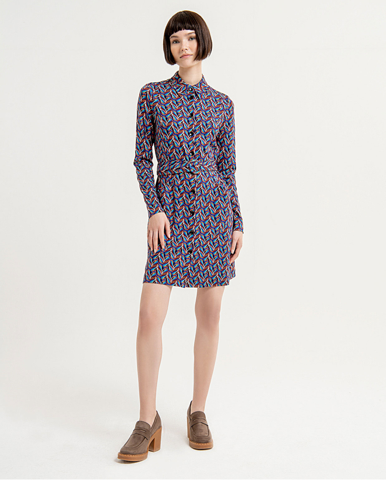 Stretch and printed short shirt dress Blue