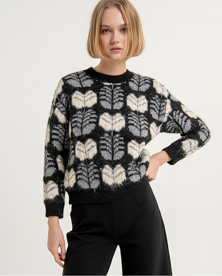 Printed jacquard crew neck jumper Black