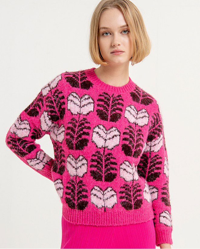 Printed jacquard crew neck jumper Fuchsia