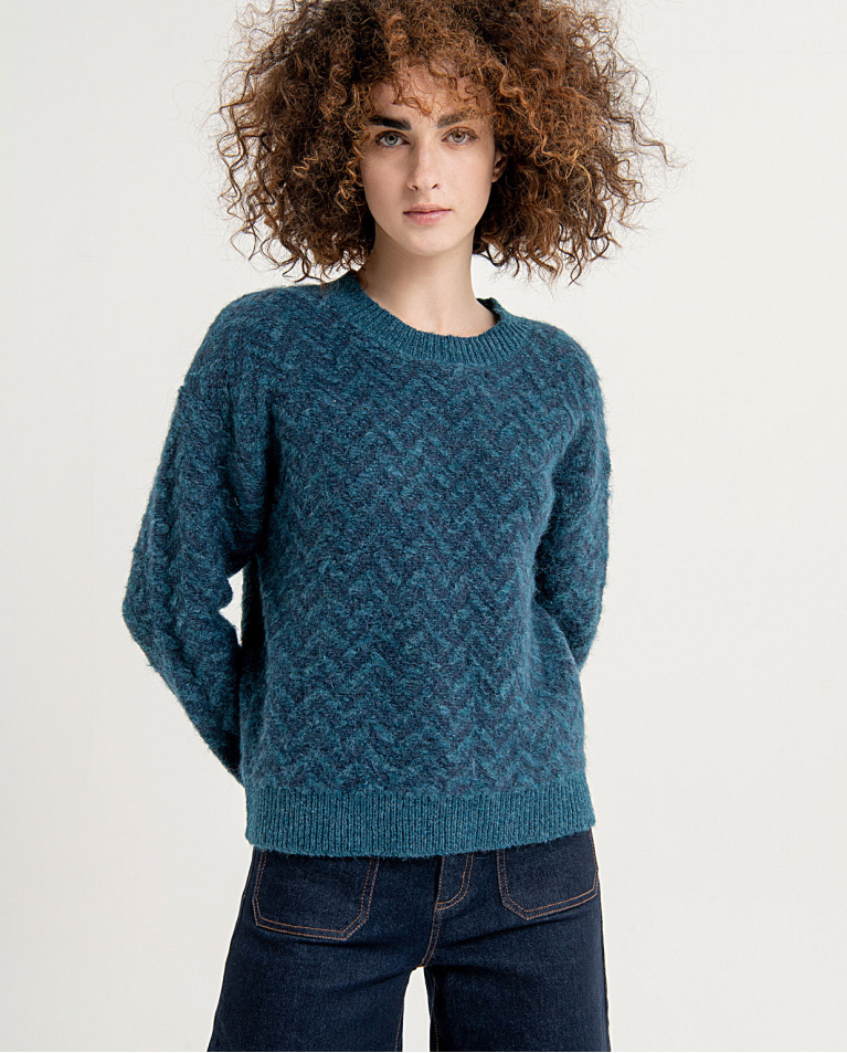 Herringbone jacquard round neck jumper Blue