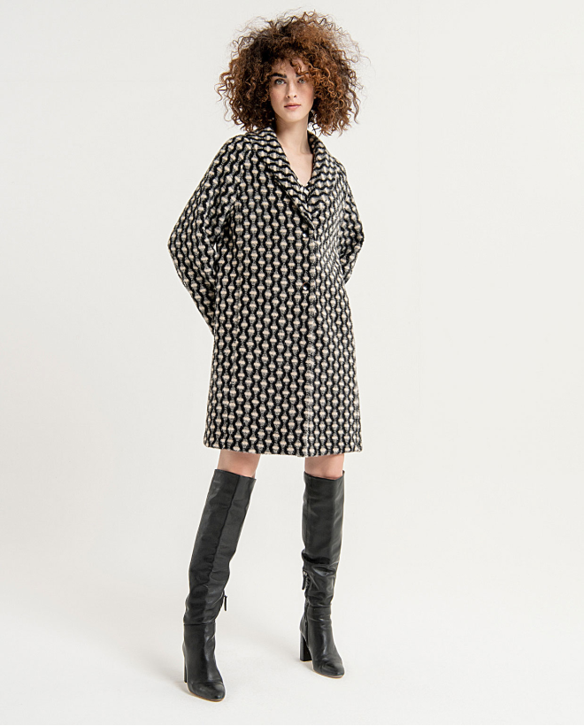 Oversize midi coat with printed lapels Black