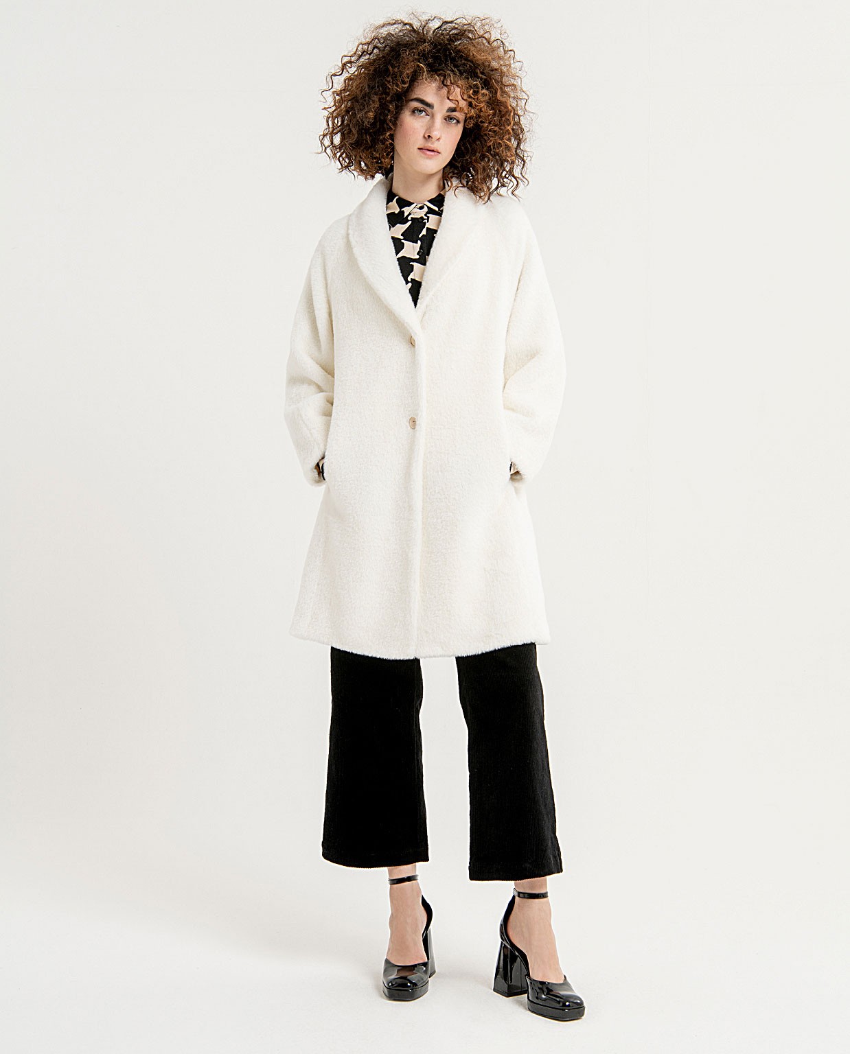 Oversize midi coat with printed lapels White