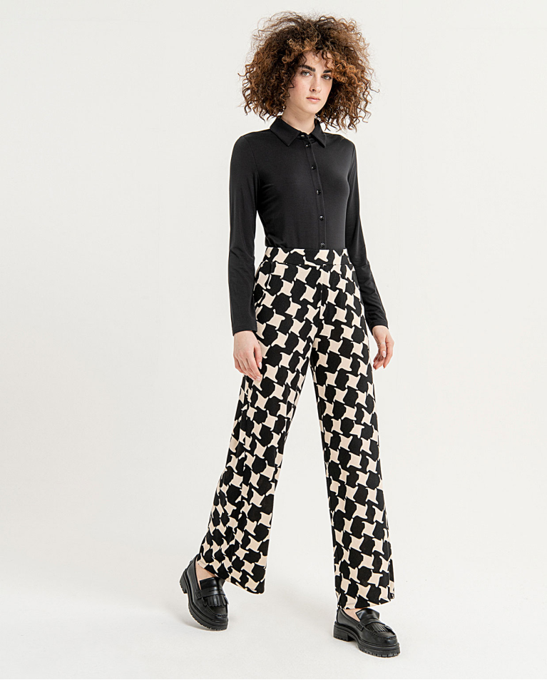 Stretch and printed wide long trousers Black