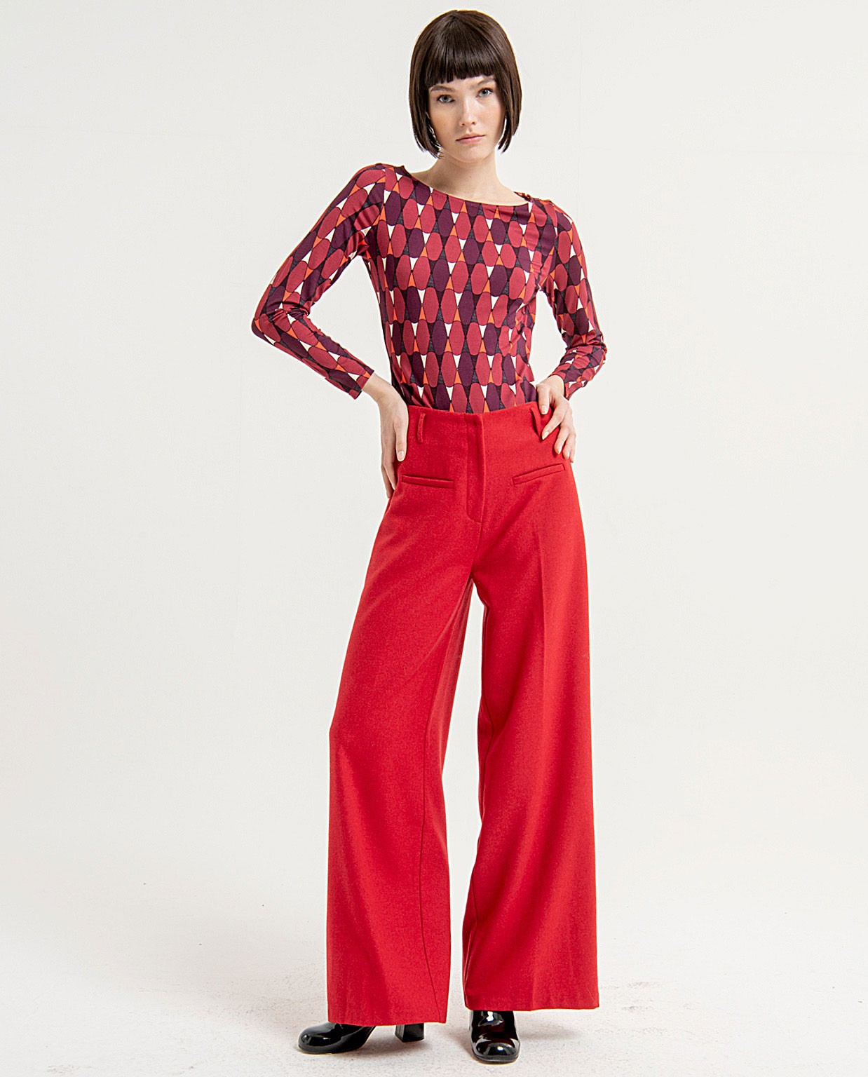 Plain wide leg long trousers Red