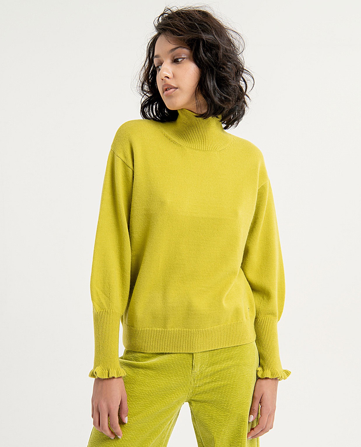 Plain high neck jumper with ruffle cuffs Acid green