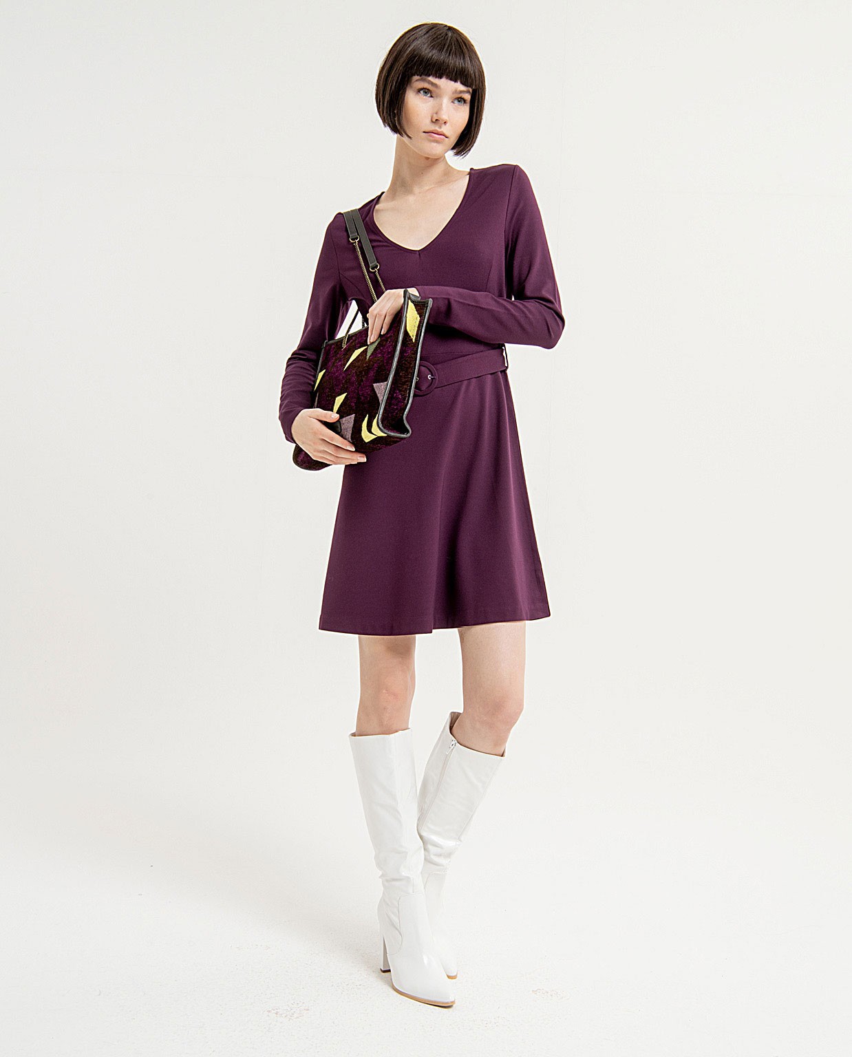 Short flared dress with plain belt Purple