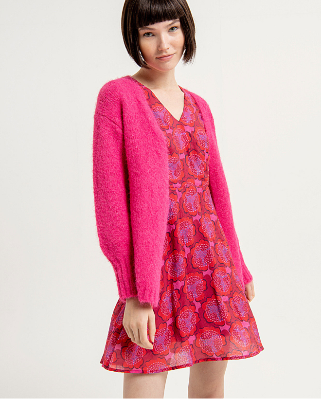 Plain open sleeve knitted cardigan with puffed sle Fuchsia