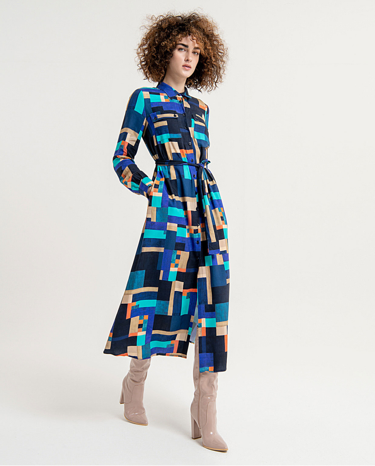 Printed long shirt dress with printed belt Blue