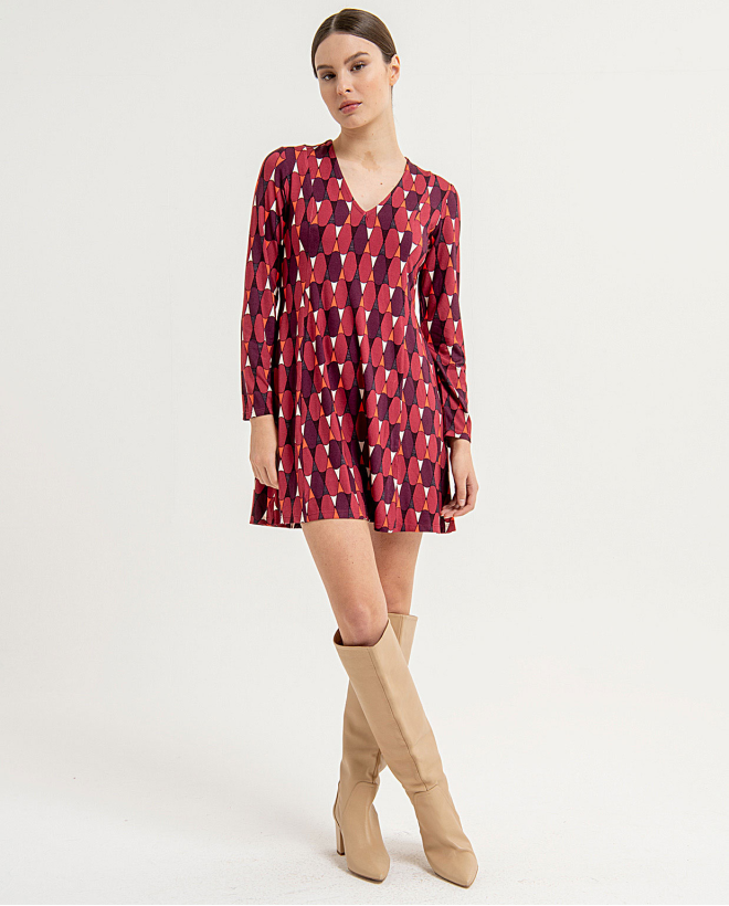 Printed V-neck floaty short dress Red