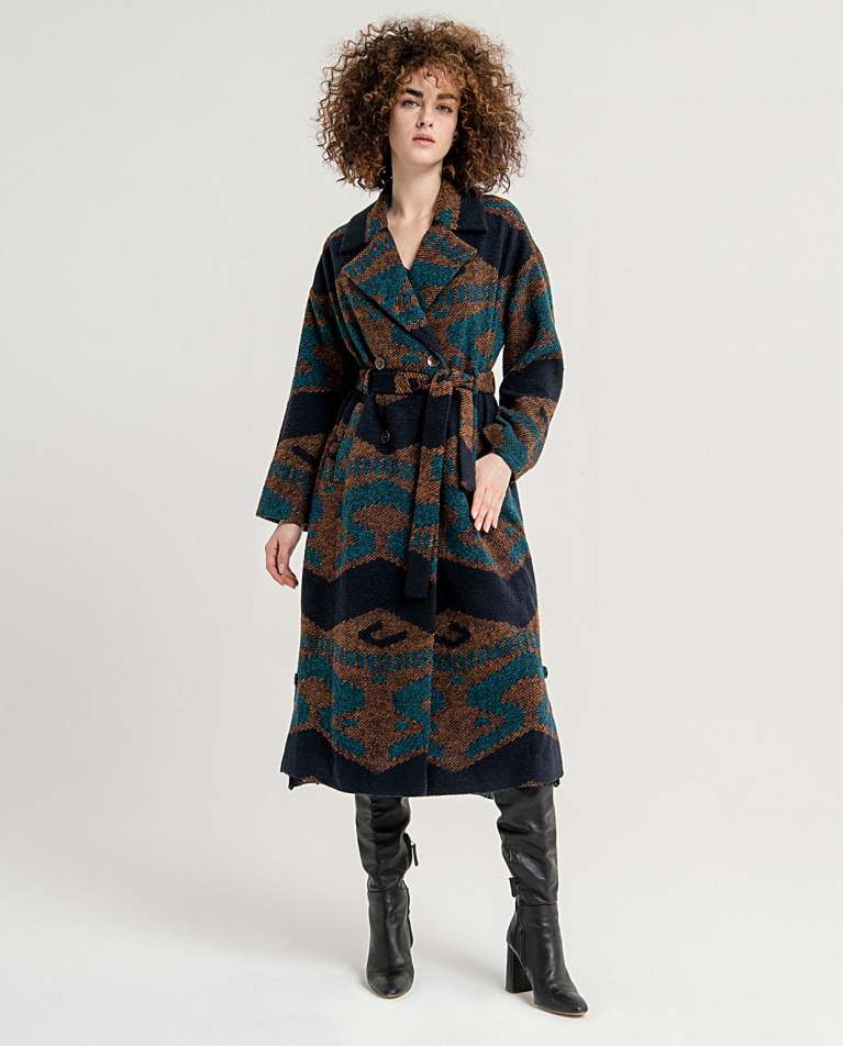 Printed wide long coat with printed lapels Brown