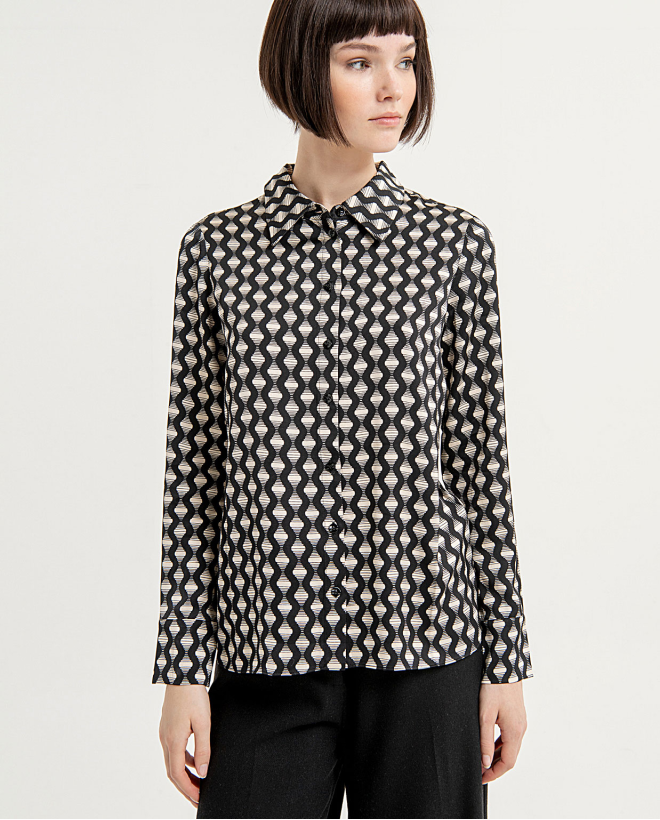 Printed wide long sleeve shirt Black