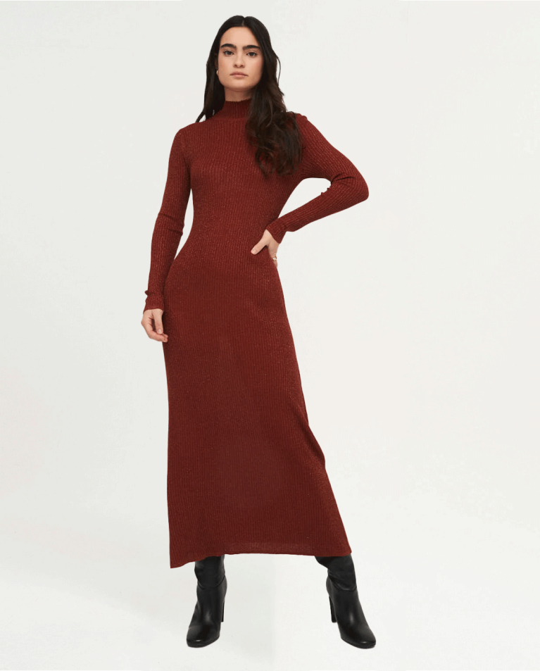 Long ribbed knitted dress with high neckline Orange