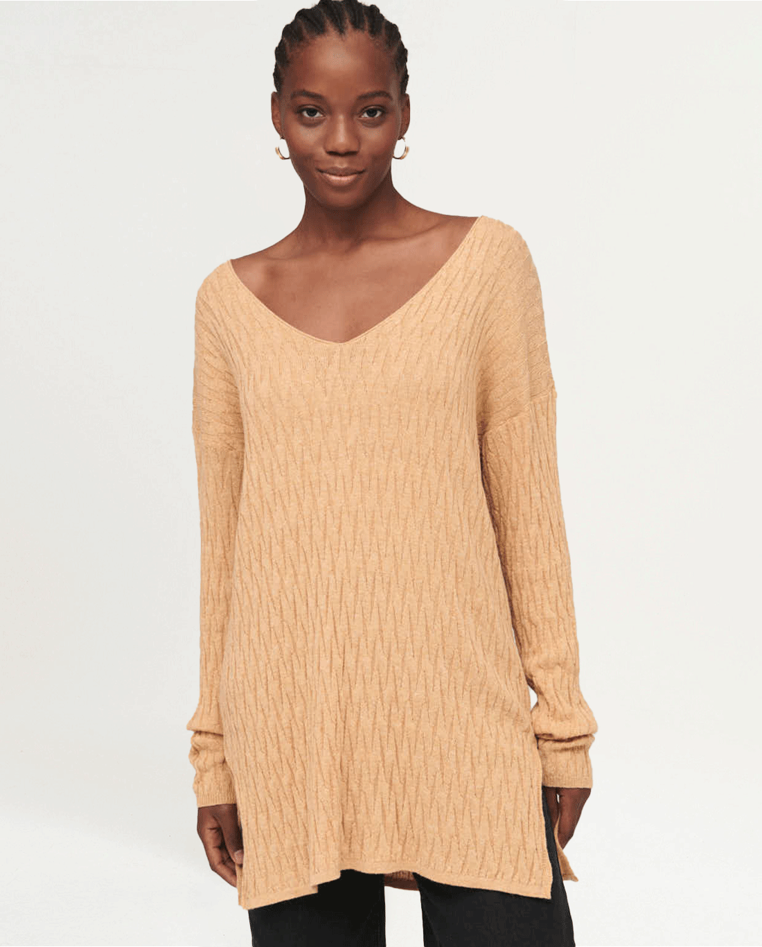 Tricot long sweater with texture and slits Yellow