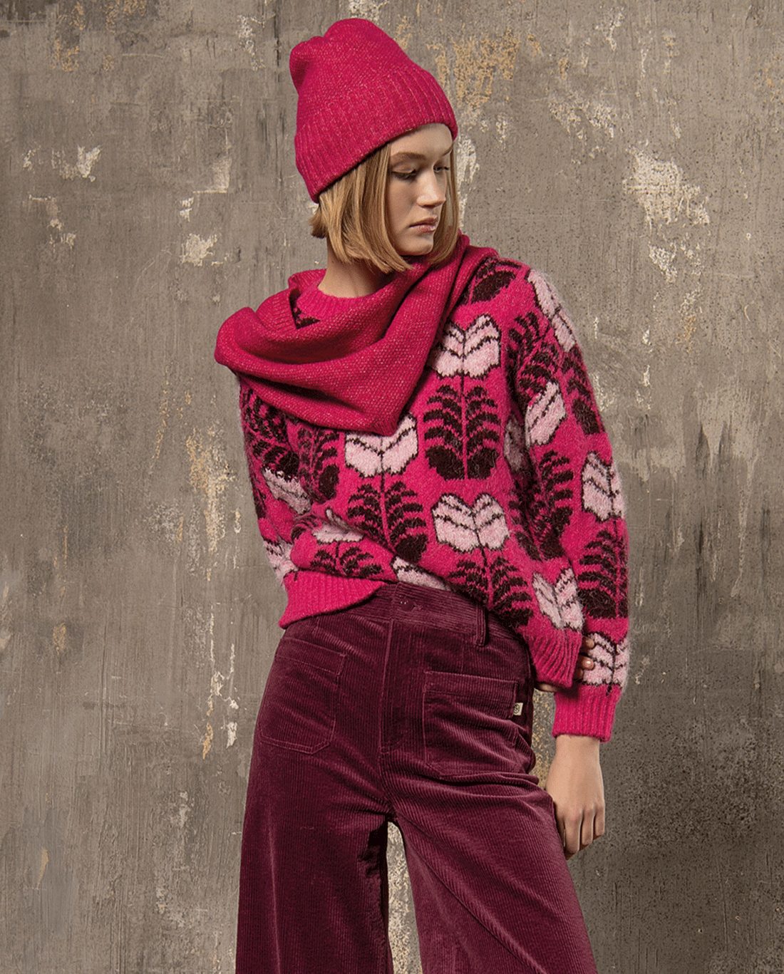 Maglia girocollo in jacquard stampato Fucsia