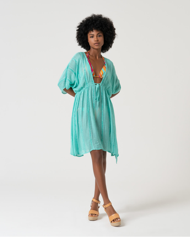 Short KAFTAN AND PAREOS with plain sequins Turquoise