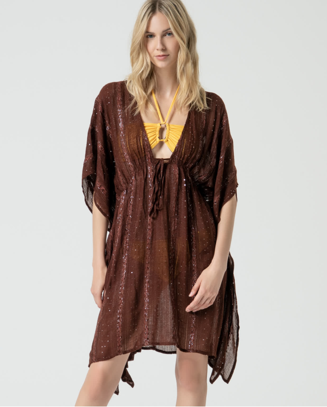 Short KAFTAN AND PAREOS with plain sequins Brown