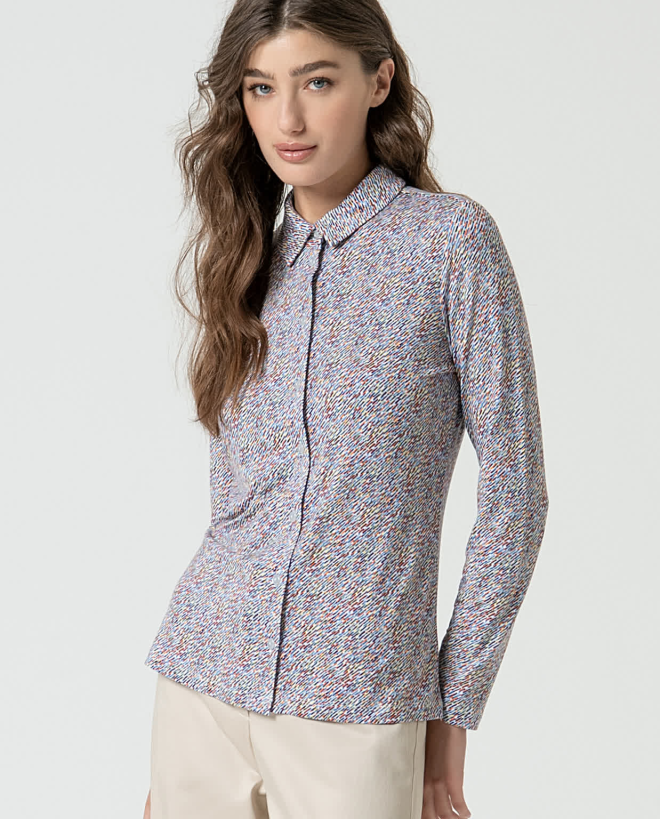 Camicia elasticizzata a maniche lunghe stampata Azzurro