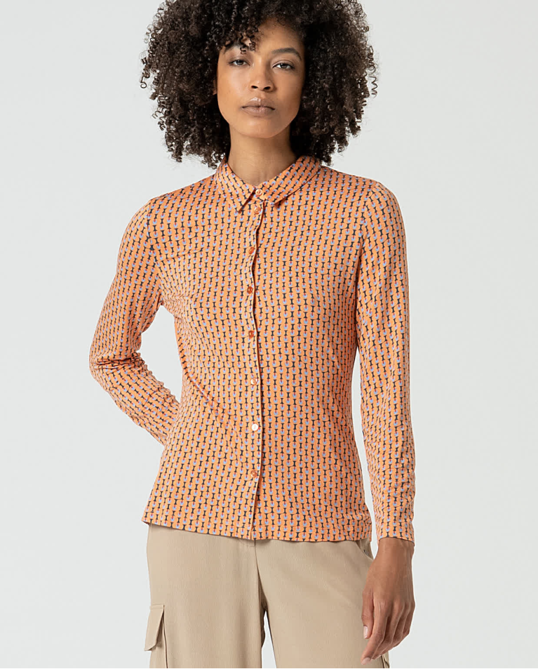 Camicia elasticizzata a maniche lunghe stampata Arancione