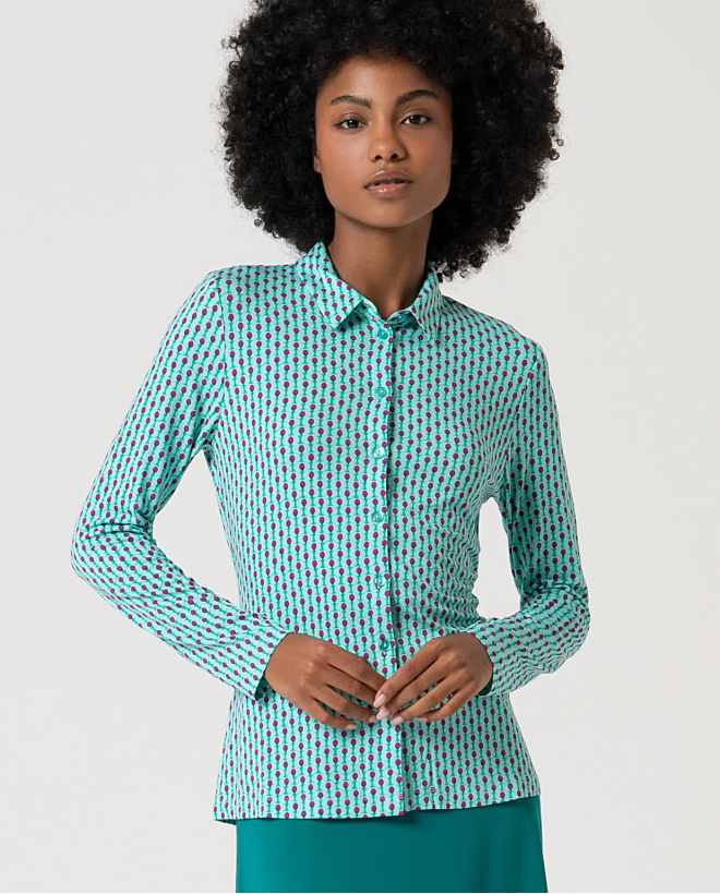 Camicia elasticizzata a maniche lunghe stampata Verde acqua