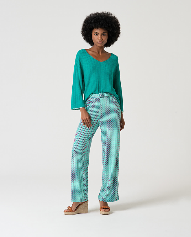 Stretch PANTS with printed belt Aqua green